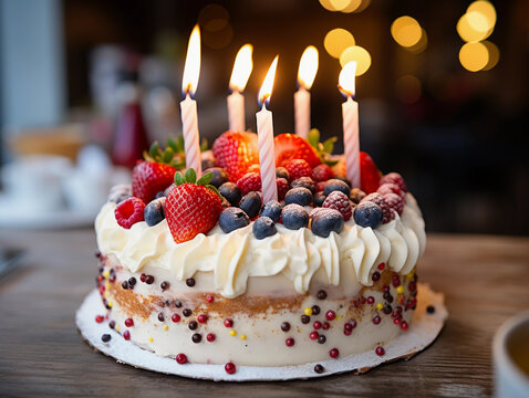 closeup of a creamy birthday cake with berries and candles on the family kitchen table. people celebrating in the morning in the blurry background. wallpaper for web design or print 