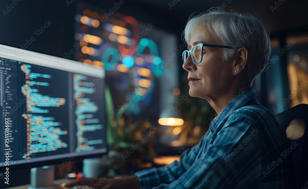 Poster senior woman engineer delving into ai with lisp open bot hologram