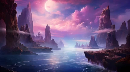 Fototapete Aubergine Fantasy alien planet. Mountain and lake. 3D illustration.