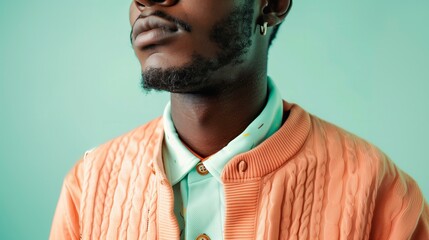 Obraz premium young black man wearing a retro style jumper and shirt in pastel colors, modern accessories, pastel background, grandpacore aestheic