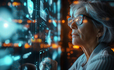 Senior Woman Engineer Delving into AI with LISP Open Bot Hologram - obrazy, fototapety, plakaty