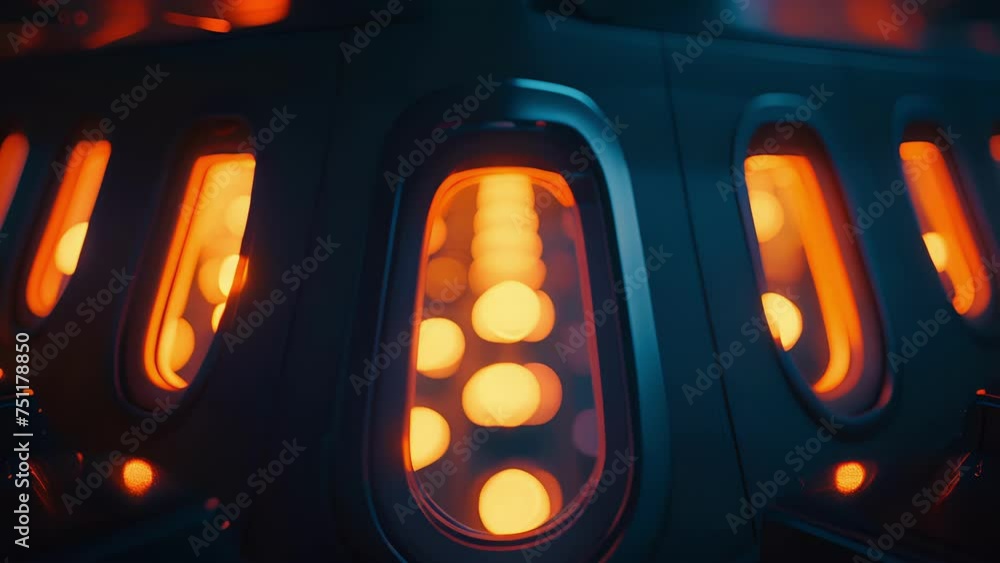 Poster the symmetrical rows of airplane windows reflecting the bright runway lights creating a mesmerizing 