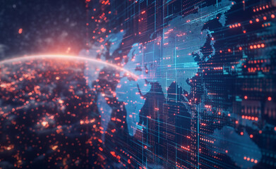 Fototapeta na wymiar Cyberspace Nexus: Global Data Exchange Across World Maps. Global Data Exchange: Mapping the Cyber Communication Infrastructure.