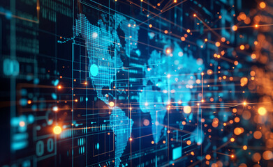 Naklejka premium Cyberspace Nexus: Global Data Exchange Across World Maps. Global Data Exchange: Mapping the Cyber Communication Infrastructure.