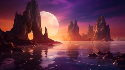 Foto auf Acrylglas Fantasy alien planet. Mountain and lake. 3D illustration. © Iman