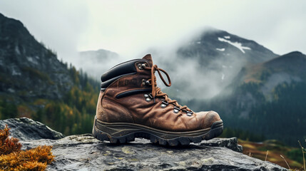 Comfortable hiking boots stand on a rock against backdrop of rainy day in mountain  - obrazy, fototapety, plakaty