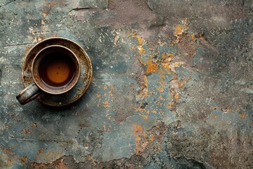 Top view of a tea cup on a rustic metal surface.