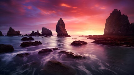 Panoramic seascape with rocks in the sea at sunset - obrazy, fototapety, plakaty