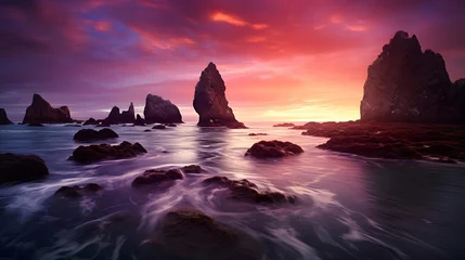 Poster Panoramic seascape with rocks in the sea at sunset © Iman