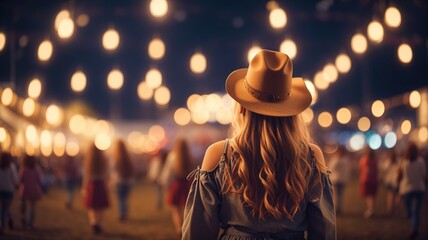 Woman in country clothes on music festival - obrazy, fototapety, plakaty