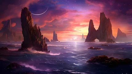 Fotobehang Fantasy alien planet. Mountain and sea. 3D illustration. © Iman