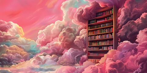 Pink Clouds and Books A Monthly Reading Event in the Sky Generative AI - obrazy, fototapety, plakaty