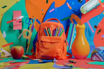 Colorful Backpack with Crayons and Scissors A Monthly Event-Inspired Art Supply Display Generative AI