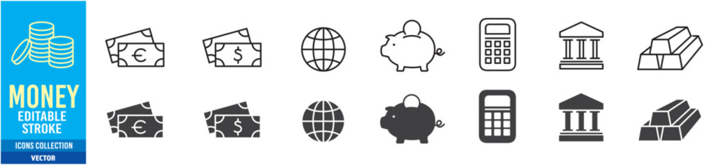 Money Cash Card Credit Dollar Bank icon collection editable stroke vector