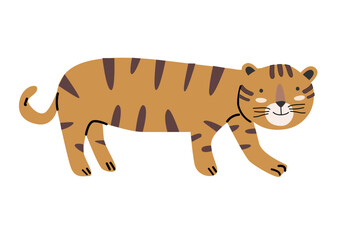 tropical cute wild cat animal - tiger smiling. Vector illustration isolated. Can used for summer tropical background, animal card, banner.