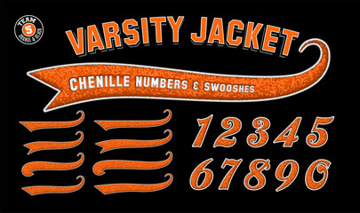 A collection of varsity jacket style numbers and swoosh shapes with chenille fabric effect, in orange and black team colors