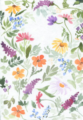 Watercolor floral background of different wildflowers