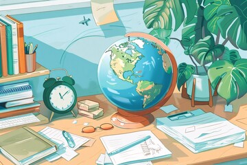 A World of Opportunities A Clock, Globe, and Books on a Desk Generative AI