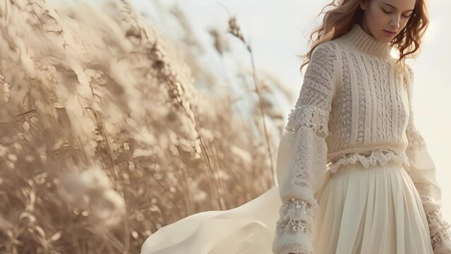 A cozy cashmere sweater paired with a flowy chiffon maxi skirt adorned with delicate lace and beaded accents exuding an effortless bohemian elegance.