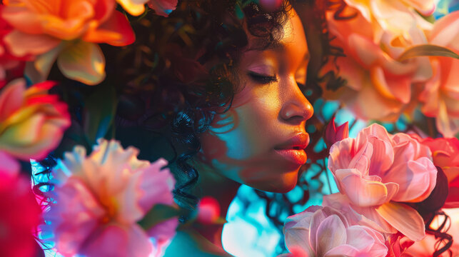 A cute black woman with curly short hair among bright, vibrant and beautiful flowers.