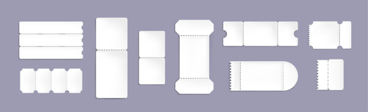 Ticket or coupon mockup for travel, cinema or circus invitation. Realistic 3d vector illustration set of white paper vintage shape voucher. Blank template frame of lottery card or event receipt.