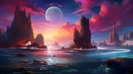 Fantasy landscape with sea and mountains at sunset. 3D illustration