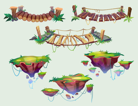 Game level platforms and rope bridges set isolated on background. Vector cartoon illustration of floating green islands with grass and tropical lianas, old suspension footbridges with cracked wood