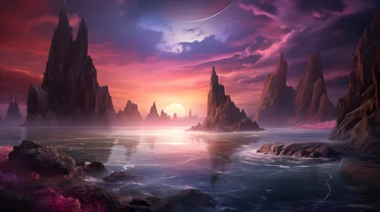 Selbstklebende Fototapeten Fantasy alien planet. Mountain and lake. 3D illustration. © Iman
