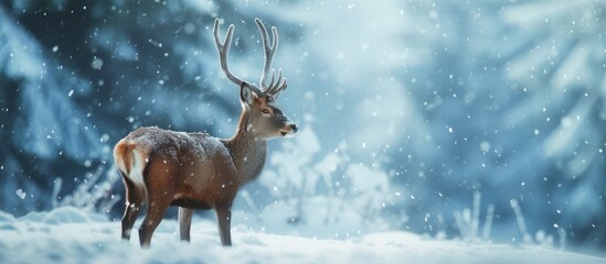 A majestic Chamois deer stands in the snow in front of trees, showcasing its elegant presence in the wintry wilderness.