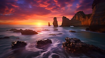 Twilight panorama of Twelve Apostles rock formation at sunset, Australia