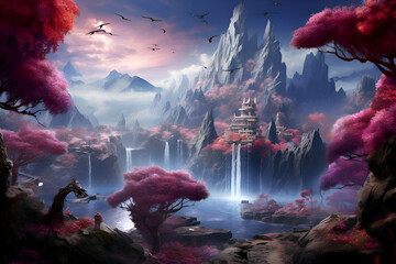 Fantasy landscape with a waterfall and a temple. 3D rendering - obrazy, fototapety, plakaty
