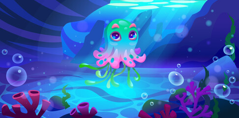 Fototapeta na wymiar Octopus character swimming in sea water. Vector cartoon illustration of cute underwater creature with big eyes and many tentacles, water bubbles, sunlight reaching bottom, seabed animal mascot