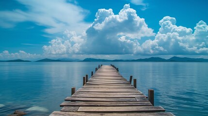 A weathered wooden dock stretching into the calm waters, under the vast canvas of a cloud-strewn blue sky.