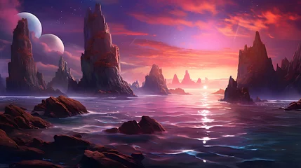 Rolgordijnen Fantasy alien planet. Mountain and lake. 3D illustration. © Iman