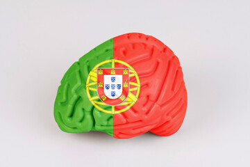 On a white background, a model of the brain with a picture of a flag - Portugal