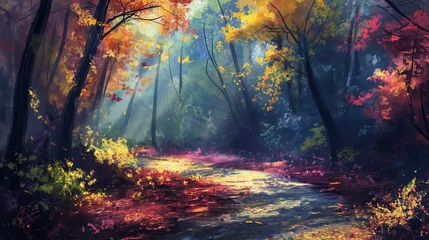  A winding path through the woods, blanketed by fallen leaves in various autumn hues, creating a picturesque scene. © Exotic Graphics