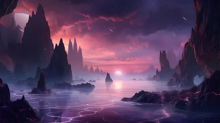 Fototapeten Fantasy alien planet. Mountain and lake. 3D illustration. © Iman