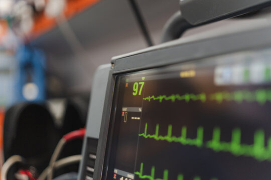 close-up of a defibrillator monitor. Concept of medical emergency.