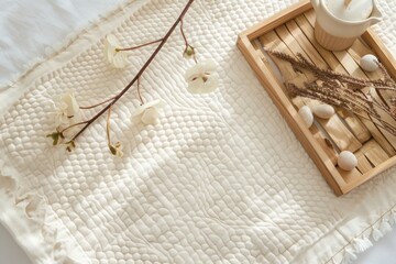 Fototapeta na wymiar Quilted cotton play mat with a wooden tray, white flowers, and dried plants. Place for text