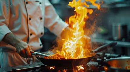 Close-up of the Professional chef's hands cooking food on fire in the kitchen at a restaurant. The...