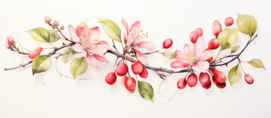 This painting shows a detailed depiction of a honeysuckle branch with vibrant pink flowers and lush green leaves. The artist masterfully captures the delicate details of the flowers and the intricate