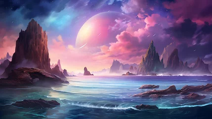 Fototapeten Fantasy alien planet. Mountain and sea. 3D illustration. © Iman