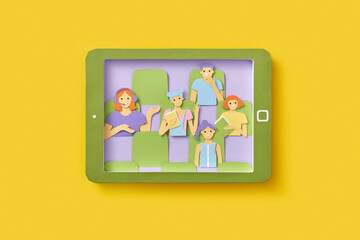 Papercraft tablet with online lesson of students and teacher