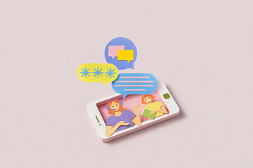 Teacher with speech bubbles leading online lesson on paper mobile