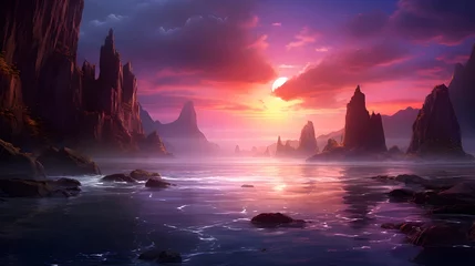 Gardinen Fantasy alien planet. Mountain and sea. 3D illustration. © Iman