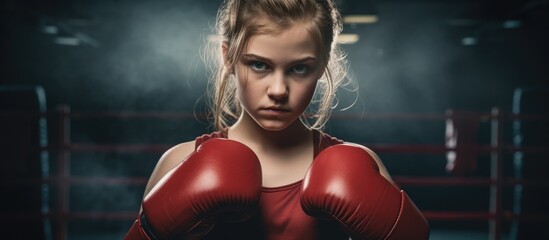 A teenage girl stands in a boxing ring, dressed in boxing attire with red gloves. She exudes determination and passion for the sport as she prepares for a match.