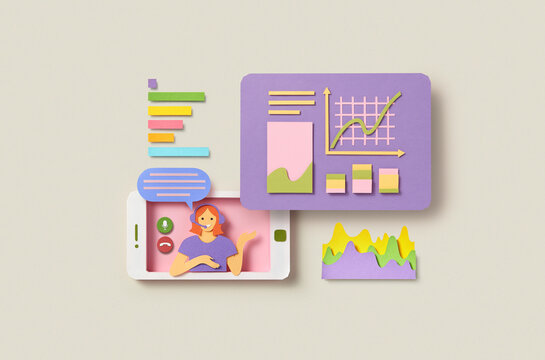 Paper mobile screen with female presenter showing report