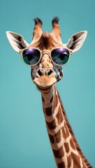 A giraffe confidently poses with a pair of trendy sunglasses, exuding an air of cool and casual style
