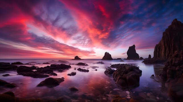 Sunset over the sea, long exposure. Panoramic image
