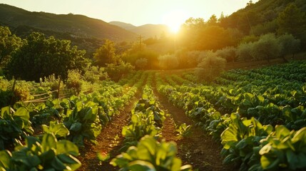 Sunset over a lush vegetable farm. Serene agricultural landscape with rows of leafy greens. Sustainable farming and peaceful rural life concept. Design for environmental magazine, farm-to-table - obrazy, fototapety, plakaty